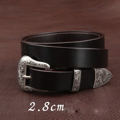 Handmade Coffee Leather Belt Floral-Embossed Western Mens Silver Leather Belt for Men