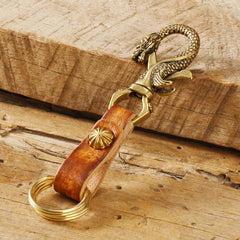 Beige Handmade Chinese Dragon Leather Brass Keyring Moto KeyChain Leather Keyring Moto Cross Key Holders Key Chain for Men