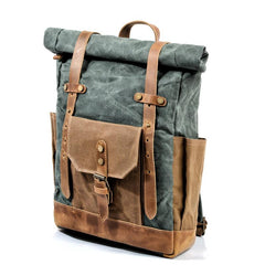 Cool Canvas Leather Mens Green Large Waterproof Travel Backpack Computer Hiking Backpack for Men