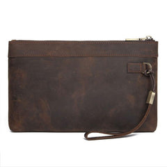 Dark Brown Leather Mens 8 inches Envelope Bag Wristlet Wallet Bag Zipper Clutch Wallet For Men