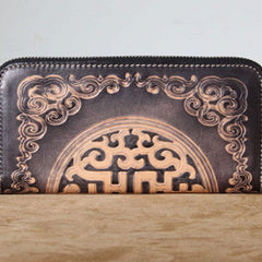 Handmade Genuine Leather Mens Cool Tooled Long Leather Wallet Bifold Clutch Wallet for Men