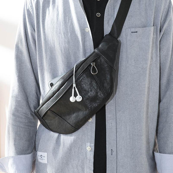 Fashion Black Leather Mens Chest Bag Sling Bag Black One Shoulder Backpack for Men