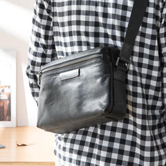Black Soft Leather Mens 10 inches Courier Bag Postman Bag Black Messenger Bags Side Bag for Men