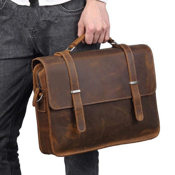 Vintage Brown Leather Men's Professional Briefcase Handbag 14‘’ Laptop Briefcase For Men