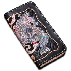 Handmade Leather Mens Clutch Wallet Cool Pixiu Tooled Wallet Long Zipper Wallets for Men