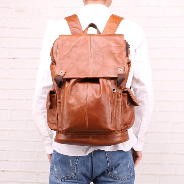 Cool Brown Black Leather Men's Backpack College Backpack 13inch Laptop Backpack For Men