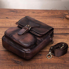 Vintage Leather Brown Men's Small Vertical Side Bag Handbag Belt Bag Pouch  For Men