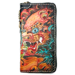 Handmade Leather Tooled Chinese Lion Mens Chain Biker Wallet Cool Leather Wallet Long Phone Wallets for Men
