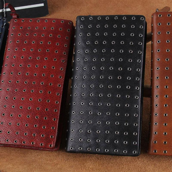 Genuine Leather Mens Cool Long Leather Wallet Zipper Clutch Wristlet Wallet for Men