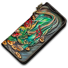 Handmade Leather Chinese Monster Mens Chain Biker Wallet Cool Long Leather Wallet With Chain Wallets for Men