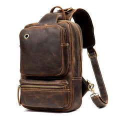 Casual Brown Mens Leather Large Sling Bag One Shoulder Pack Chest Bag Sling Backpack for men