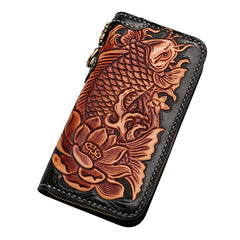 Handmade Leather Tooled Carp Mens Tooled Chain Biker Wallet Cool Leather Wallet Zipper Long Phone Wallets for Men