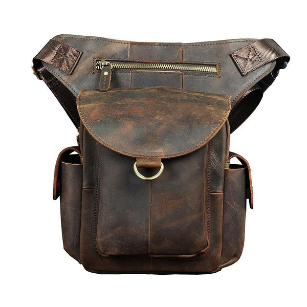 Cool Dark Brown Leather Mens Drop Leg Bag Belt Pouch Small Side Bag Shoulder Bag For Men