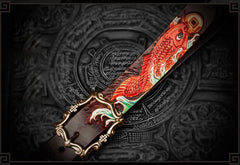 Handmade Leather Tooled Carp Mens Belt Cool Leather Men Belt for Men