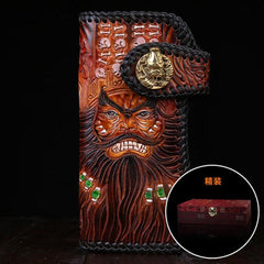 Handmade Mens Cool Tooled Long Zhong Kui demon Leather Chain Wallet Biker Trucker Wallet with Chain