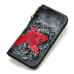 Handmade Leather Carp Mens Tooled Long Chain Biker Wallet Cool Leather Wallet Long Phone Wallets for Men