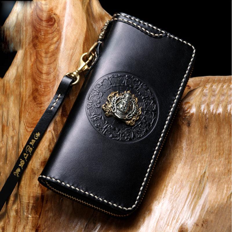 Handmade Leather Mens Chain Biker Wallet Cool Leather Wallet Long Phone Wallets for Men