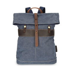 Cool Waxed Canvas Blue Leather Mens Backpack Canvas Travel Backpack Canvas School Backpack for Men