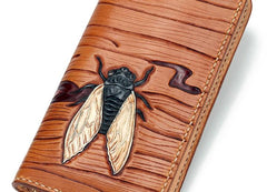 Handmade Leather Mens Clutch Wallet Cool Cicada Tooled Wallet Long Zipper Wallets for Men