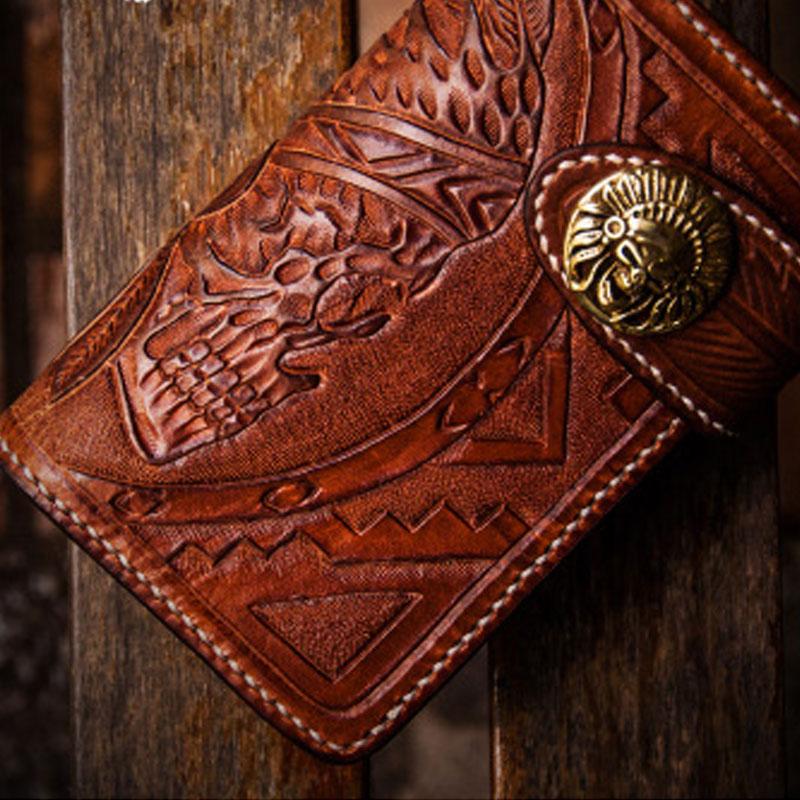 Handmade Leather Skull Indian Chief Tooled Mens billfold Wallet Cool S –  iChainWallets