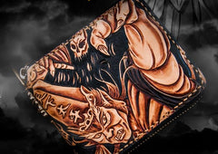 Handmade Leather Chinese Black&White Tooled Mens billfold Wallet Cool Leather Wallet Biker Wallet for Men