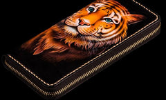 Handmade Leather Men Tooled Tiger Cool Leather Wallet Long Phone Clutch Wallets for Men