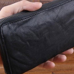 Genuine Leather Mens Cool Long Leather Wallet Zipper Clutch Wristlet Wallet for Men