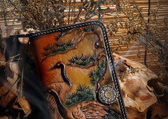 Handmade Leather Mens Clutch Wallet Cool Red-Crowned Crane Tooled Wallet Long Zipper Wallets for Men