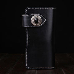 Handmade Leather Mens Cool Long Black Obsidian Chain Wallet Biker Trucker Wallet with Chain