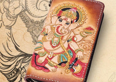Handmade Leather Ganesha Mens Tooled Long Chain Biker Wallet Cool Leather Wallet With Chain Wallets for Men