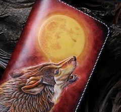 Handmade Leather Mens Clutch Wallet Cool Wolf Tooled Wallet Long Zipper Wallets for Men