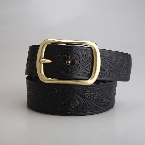 Mens Black Brass Leather Belts Floral Pattern Handmade Leather Belt for Men