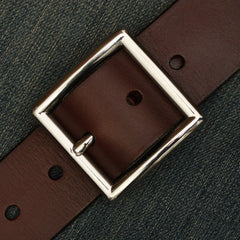 Handmade Mens Coffee Leather Square Buckle Silver Belts Minimalist Leather Silver Belt for Men