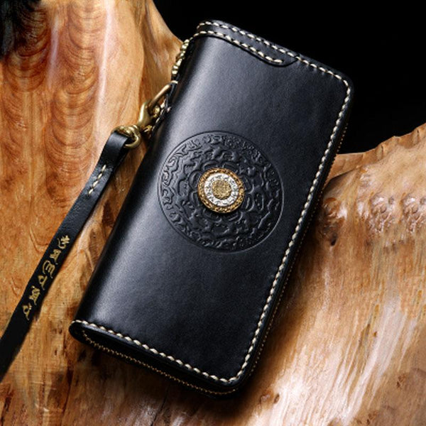 Handmade Leather Mens Chain Biker Wallet Tibetan Cool Leather Wallet Long Phone Wallets for Men