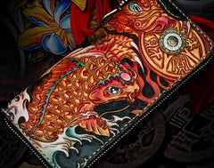Handmade Leather Tooled Carp Mens Chain Biker Wallet Cool Leather Wallets Long Phone Wallets for Men