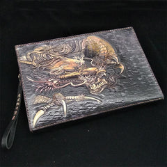 Black Handmade Tooled Leather Chinese Dragon Clutch Wallets Wristlet Bag Clutch Purse For Men