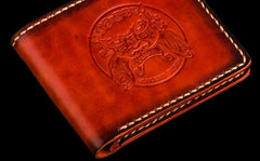 Handmade Leather Chinese Lion Tooled Mens billfold Wallets Cool Leather Wallet Small Wallet for Men