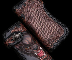 Handmade Leather Wolf Mens Tooled Chain Biker Wallet Cool Leather Wallet Long Phone Wallets for Men