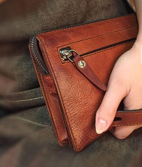 Handmade Genuine Leather Mens Cool Long Wallet Wristlet Bifold Clutch Wallet for Men