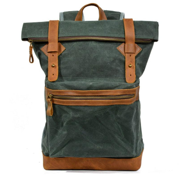 Green Waxed Canvas Leather Mens Cool Backpack Canvas Travel Backpack Canvas School Backpack for Men