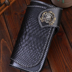 Handmade Mens Cool Tooled Long Boa Skin Leather Chain Wallet Biker Trucker Wallet with Chain