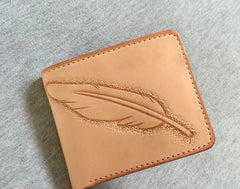 Handmade Leather Mens Tooled Feather Cool billfold Leather Wallet Men Small Wallets Bifold for Men