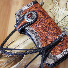 Handmade Mens Cool Tooled Long Boa Skin Floral Leather Chain Wallet Biker Trucker Wallet with Chain