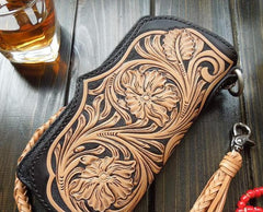 Handmade Leather Biker Wallet Tooled Floral Mens Cool Chain Wallet Trucker Wallet with Chain