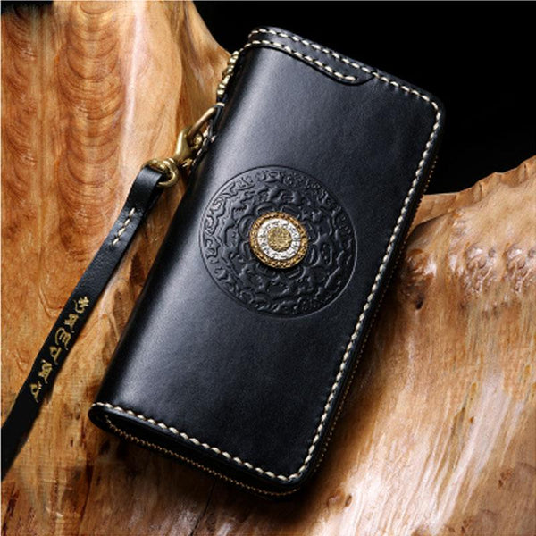 Handmade Leather Mens Chain Biker Wallet Cool Leather Wallet Long Phone Wallets for Men