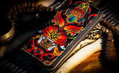 Handmade Leather Tooled Chinese Monster Mens Chain Biker Wallet Cool Leather Wallet Zipper Long Phone Wallets for Men