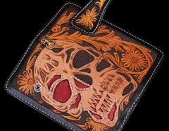 Handmade Leather Skull Mens Chain Biker Wallet Cool Leather Wallet Long Tooled Wallets for Men