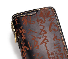 Handmade Leather Mens Chain Chinese Handwriting Biker Wallet Cool Leather Wallet Long Phone Wallets for Men