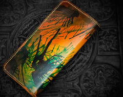 Handmade Leather Men Tooled Skull Cool Leather Wallet Long Phone Wallets for Men