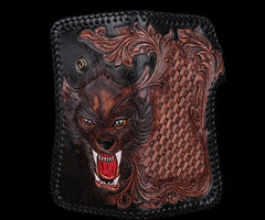 Handmade Leather Wolf Mens Tooled Chain Biker Wallet Cool Leather Wallet Long Phone Wallets for Men